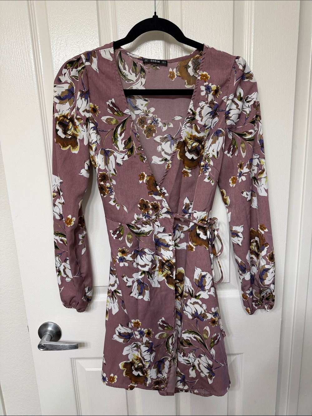 SHEIN Mauve Floral Wrap Dress with Puff Shoulders